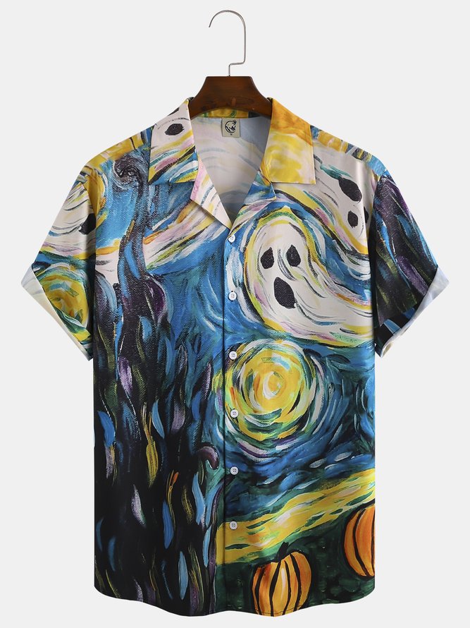 Mens Halloween Art Painting Print Camp Collar Loose Short Sleeve Funky Hawaiian Shirts