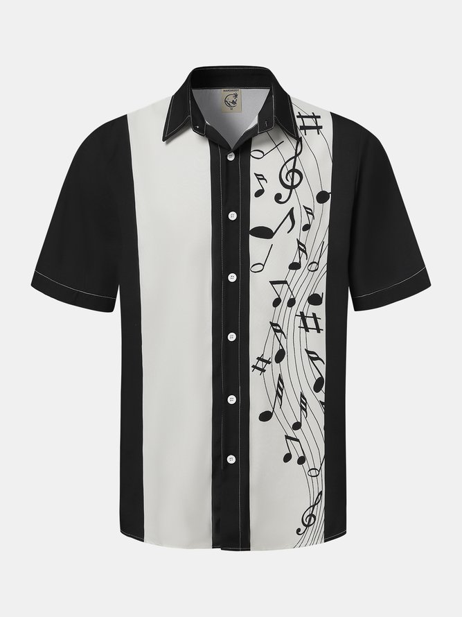 Mens Retro Music Print Casual Lapel Short Sleeve Hawaiian Shirt