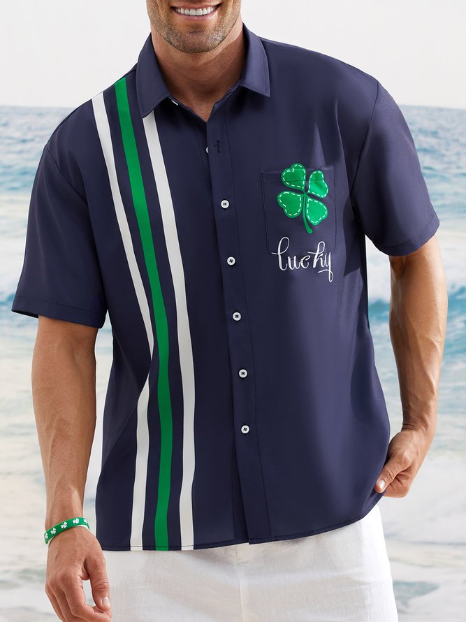St Patrick‘s Day Lucky Shamrock Chest Pocket Short Sleeve Bowling Shirt