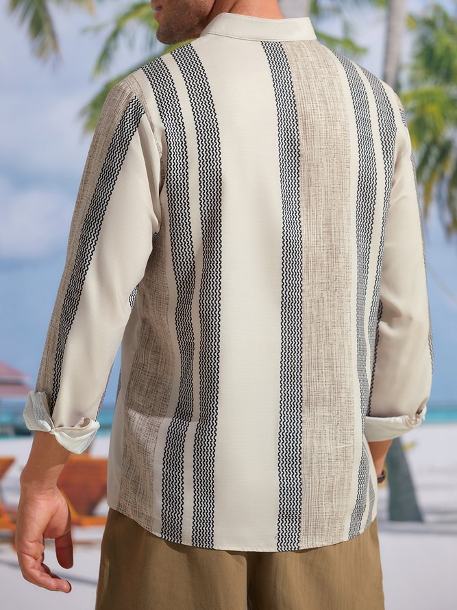 Stand Collar Pocket Striped Long Sleeve Shirt
