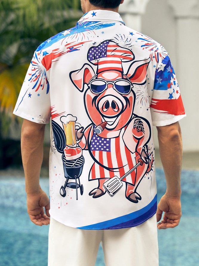 American Flag Mr Pig Cooker Chest Pocket Short Sleeve Casual Shirt