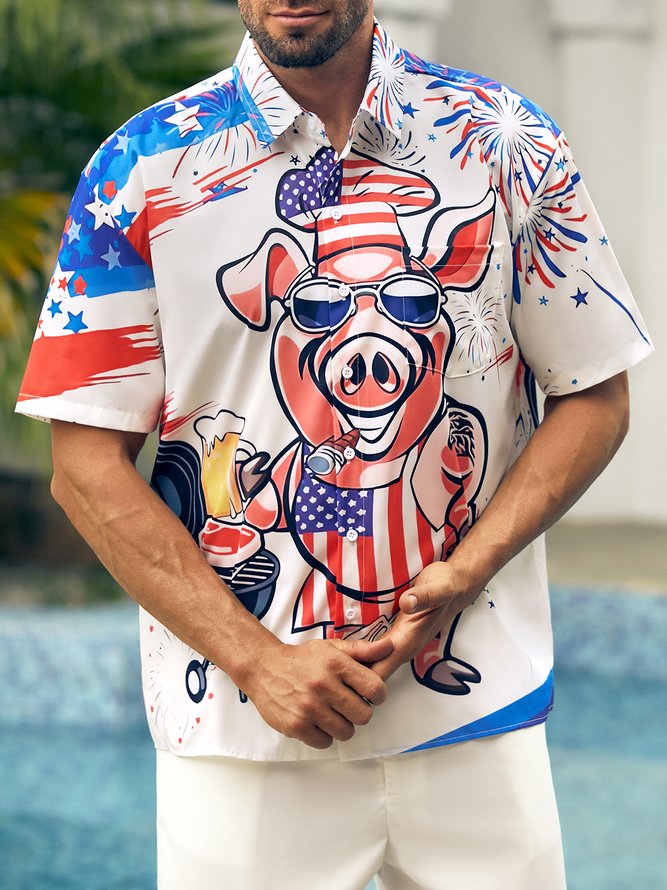 American Flag Mr Pig Cooker Chest Pocket Short Sleeve Casual Shirt