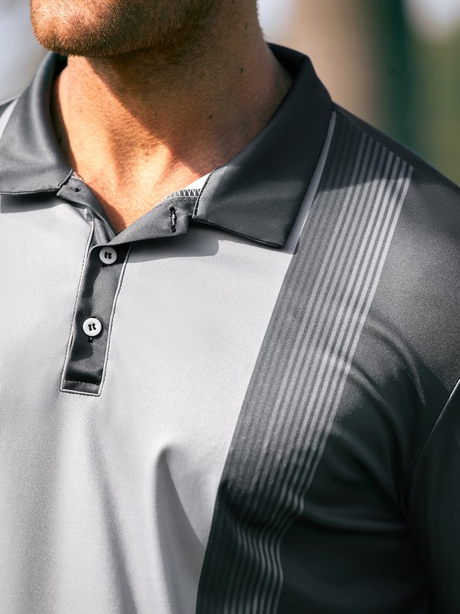 Men's Striped Print Button Business Soft Long Sleeve Polo Shirt