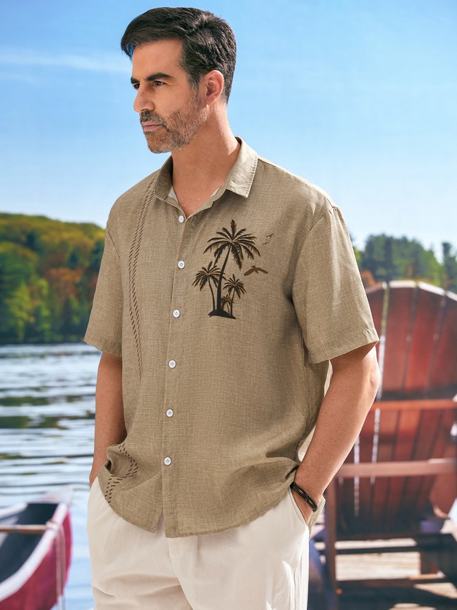 Striped Coconut Tree Print Short Sleeve Resort Shirt
