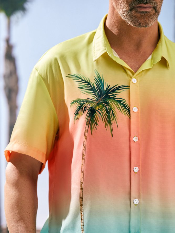 Ombre Coconut Tree Chest Pocket Short Sleeve Resort Shirt