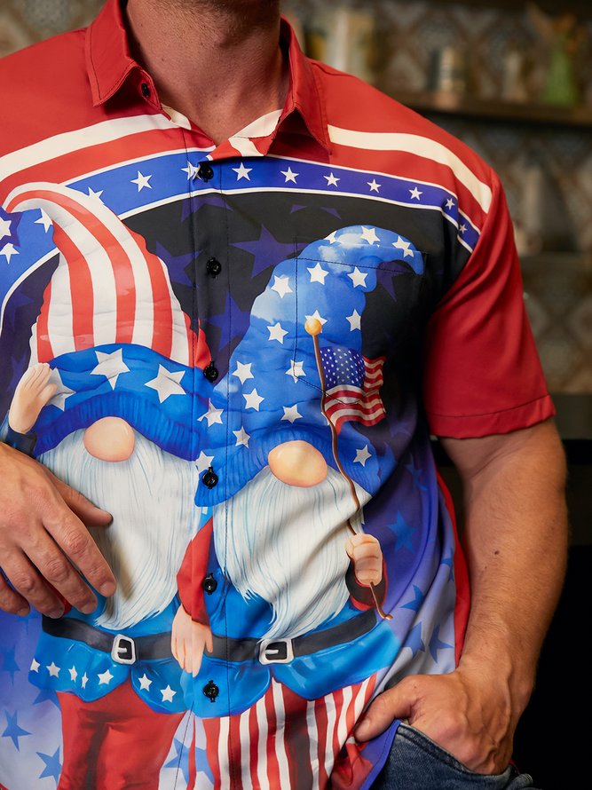 Independence Day Flag Gnomes Chest Pocket Short Sleeve Shirt