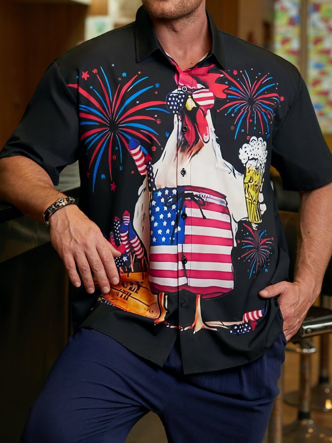 American Flag Rooster Chest Pocket Short Sleeve Casual Shirt