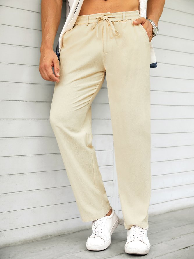 Plain Cotton Drawstring Elastic-Waist Wide leg Pants