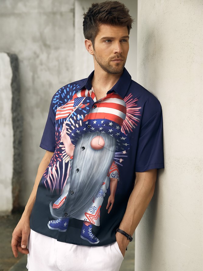 American Flag Gnome Chest Pocket Short Sleeve Casual Shirt