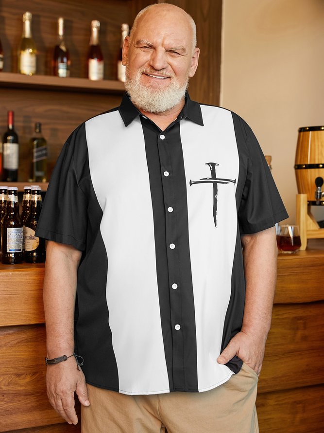 Big Size Crucifix Chest Pocket Short Sleeve Bowling Shirt
