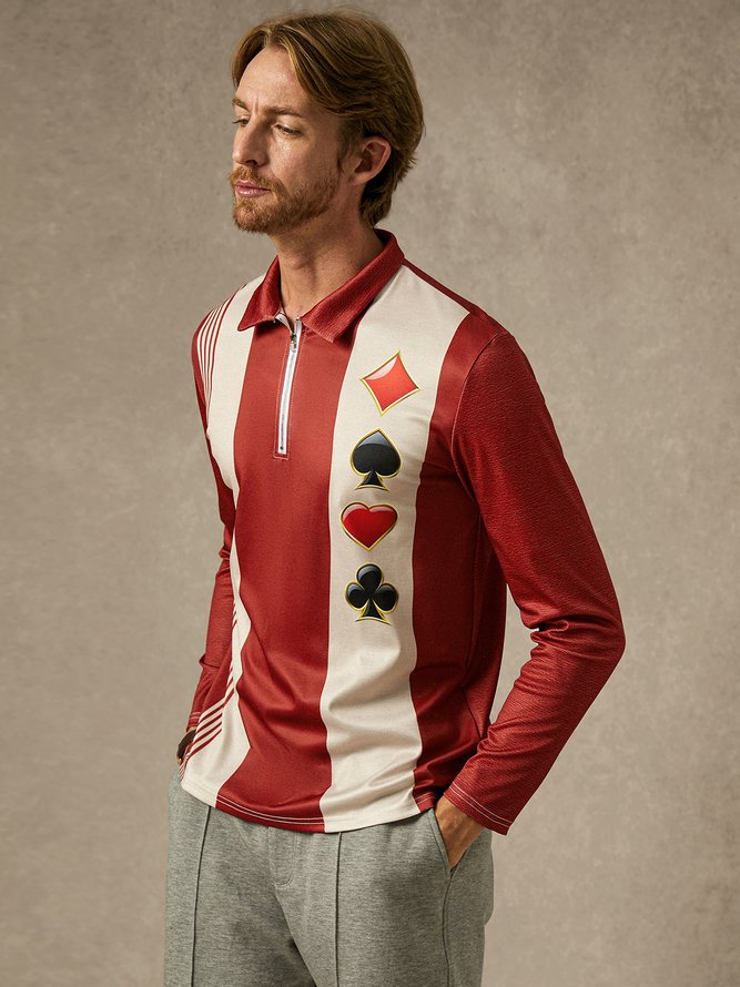 Poker Symbol Zipper Long Sleeve Bowling Polo Shirt