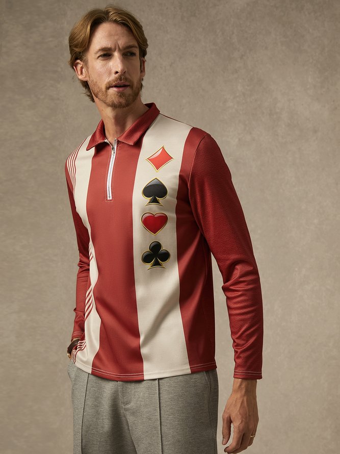 Poker Symbol Zipper Long Sleeve Bowling Polo Shirt