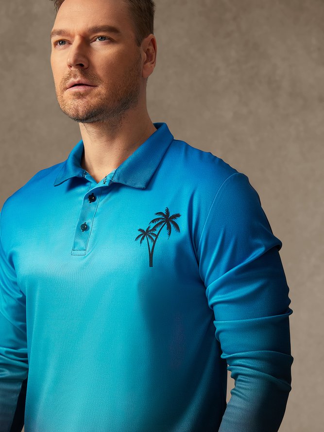 Gradient Coconut Tree Button Long Sleeve Resort Polo