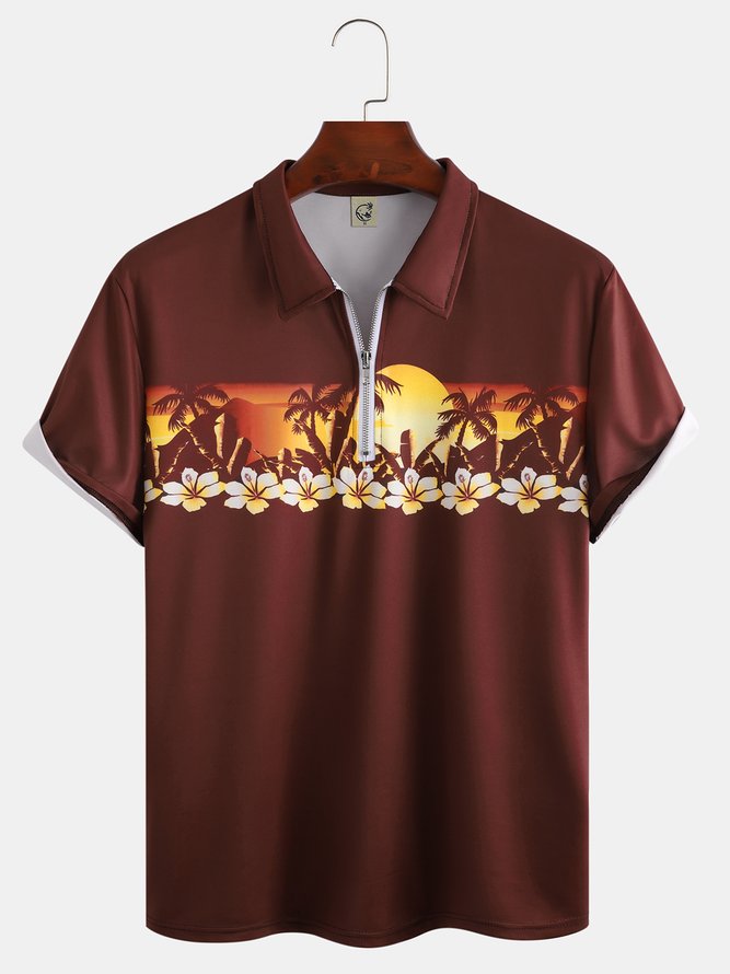 Holiday Style Hawaii Series Gradient Dusk Plant Flower Coconut Tree Element Pattern Lapel Short-Sleeved Polo Print Top