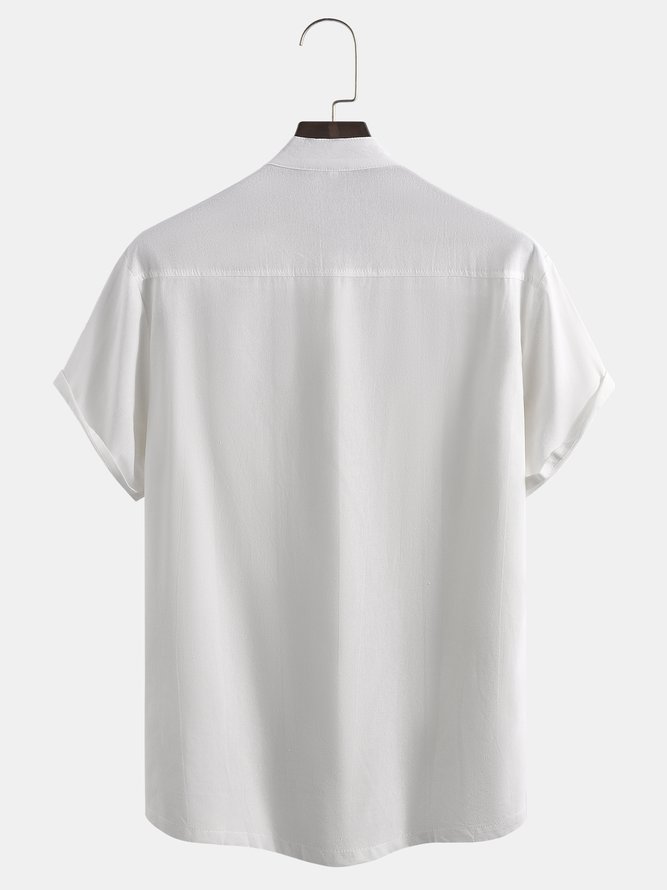 Mens Cotton Stand Collar Short Sleeve Shirt 65%Cotton