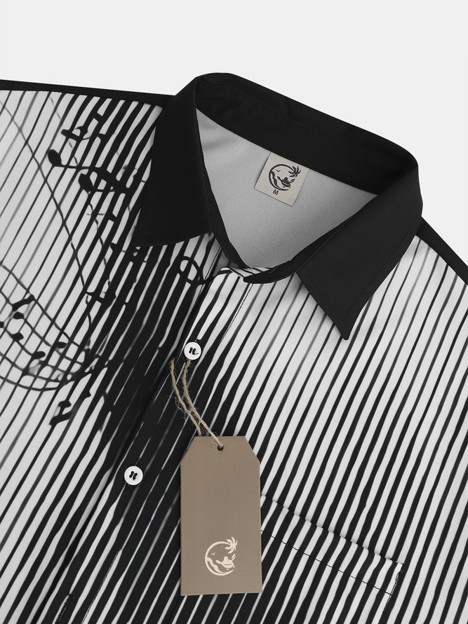 Music Notes Chest Pocket Short Sleeve Shirt Resort Style Music Series Stripes Print Lapel Top