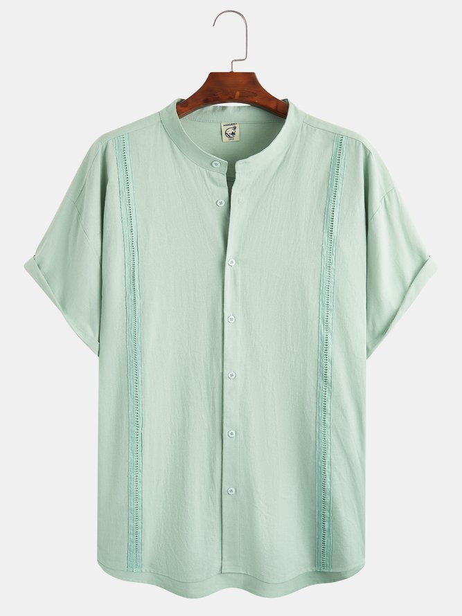 Big Size Cotton Panel Web Casual Short Sleeve Stand Collar Shirt
