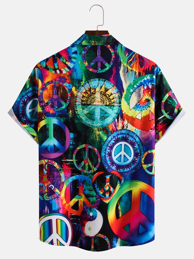 Mens Geometric Print Short Sleeve Shirt Hippies Peace & Love Print Casual Hawaiian Top