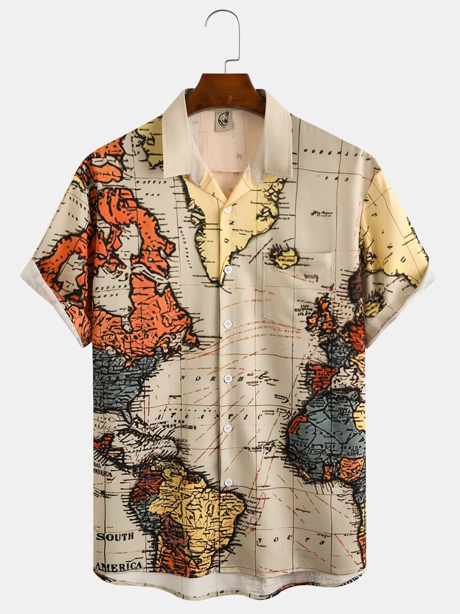 Mens Vintage Map Print Casual Short Sleeve Shirt