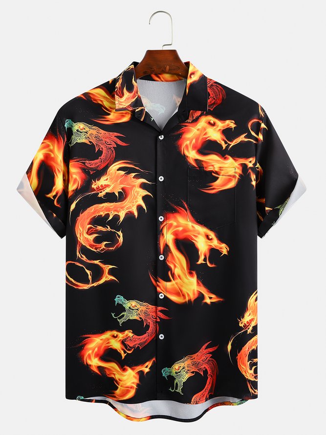 Dragon Graphic Men's Casual Chest Pocket Short Sleeve Shirt