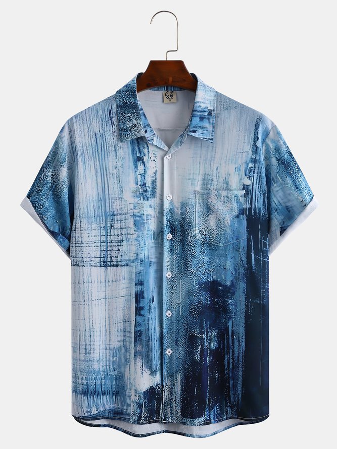 Mens Art Painting Front Buttons Soft Breathable Chest Pocket Casual Hawaiian Shirts