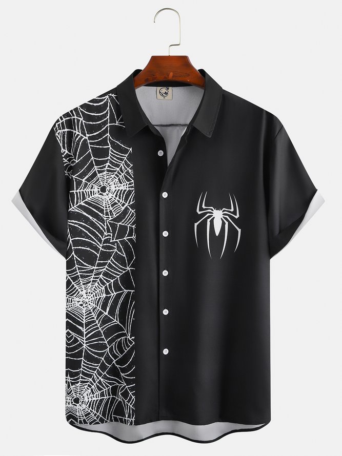 Mens Halloween Spider Print Front Buttons Short Sleeve Shirt Casual Hawaiian Shirts