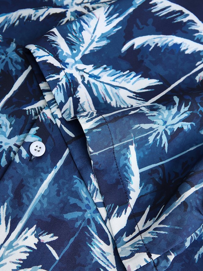Men's Hawaiian Print Lapel Loose Chest Pocket Coconut Tree Short Sleeve Fashion Aloha Shirt