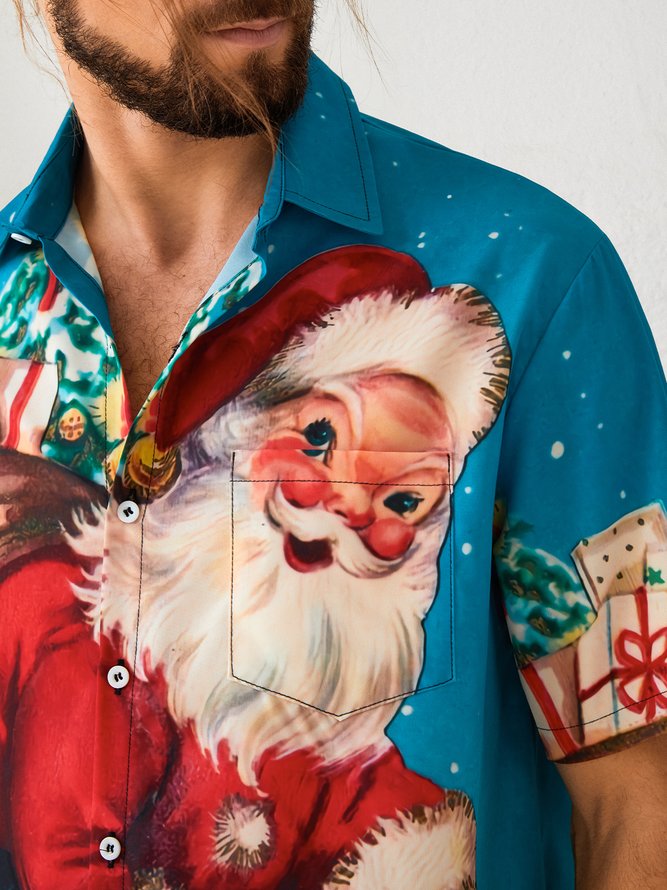 Mens Retro Christmas Santa Print Front Buttons Soft Breathable Chest Pocket Casual Hawaiian Shirt