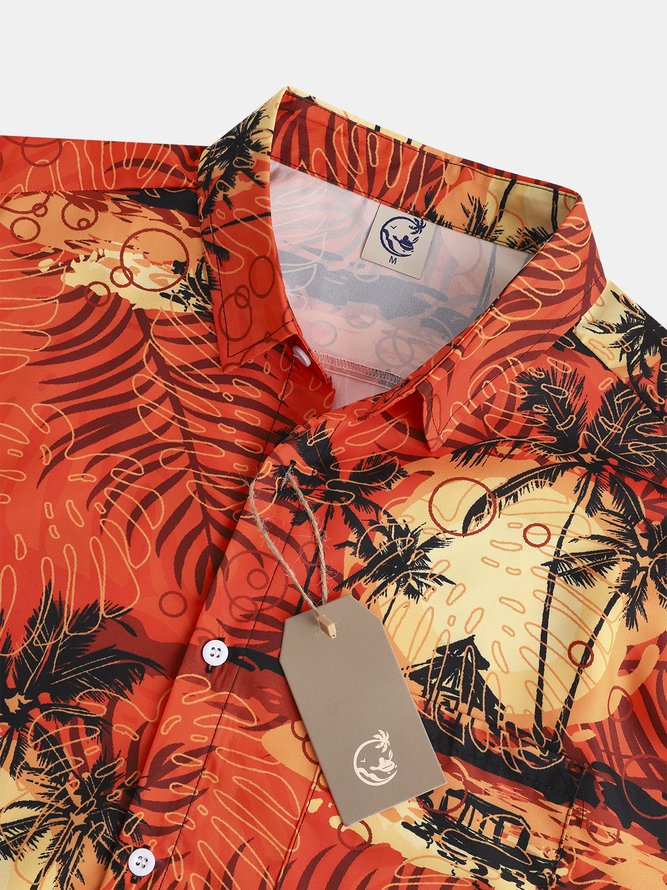 Men's Coconut Tree Print Fashion Lapel Short Sleeve Hawaiian Shirt
