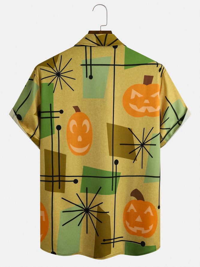 Casual Festive Collection Medieval Halloween Striped Geometric Color Block Pumpkin Element Pattern Lapel Short Sleeve Shirt Print Top