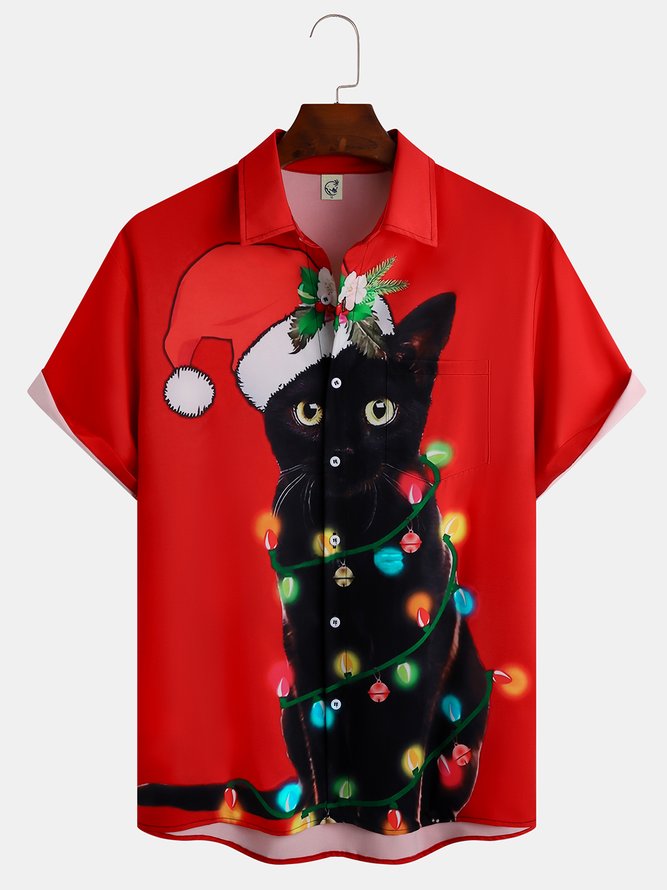 Mens Retro Christmas Black Cat Print Front Buttons Soft Breathable Chest Pocket Casual Hawaiian Shirt