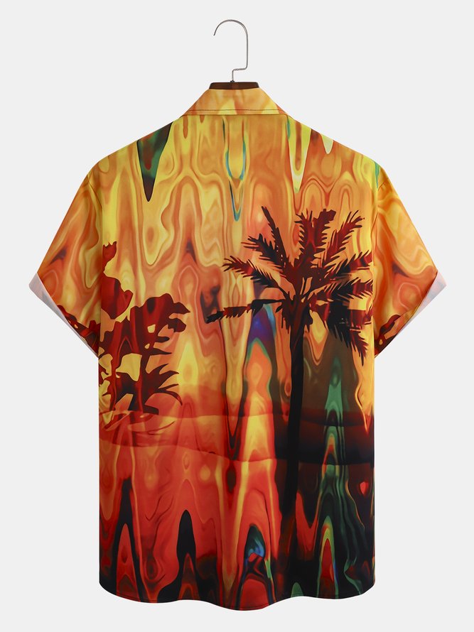 Coconut Tree Chest Pocket Short Sleeve Shirt Resort Style Hawaii Series Art Painting Print Lapel Top