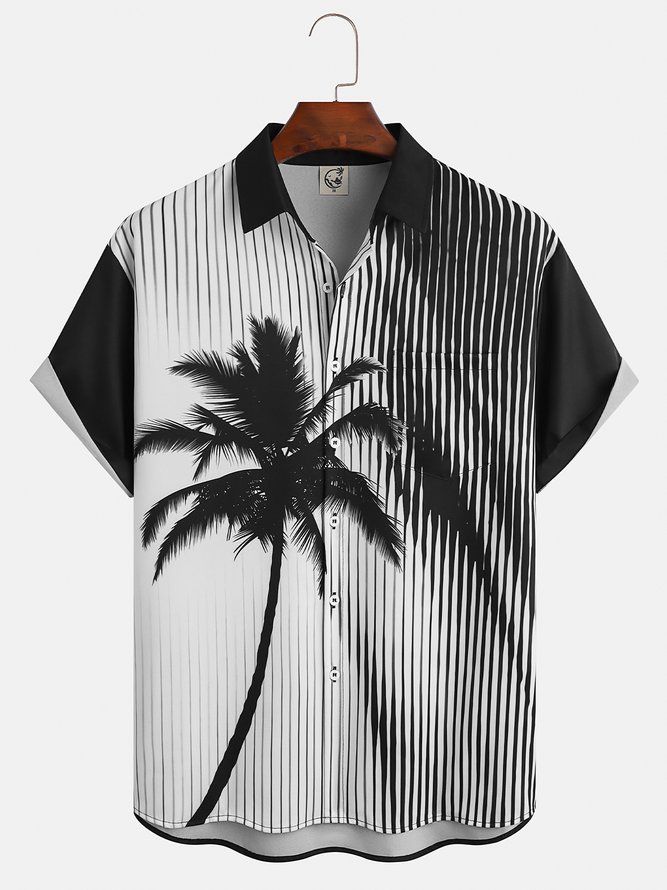Mens Black-white Stripes Coconut Tree Print Front Buttons Soft Breathable Chest Pocket Casual Hawaiian Shirt