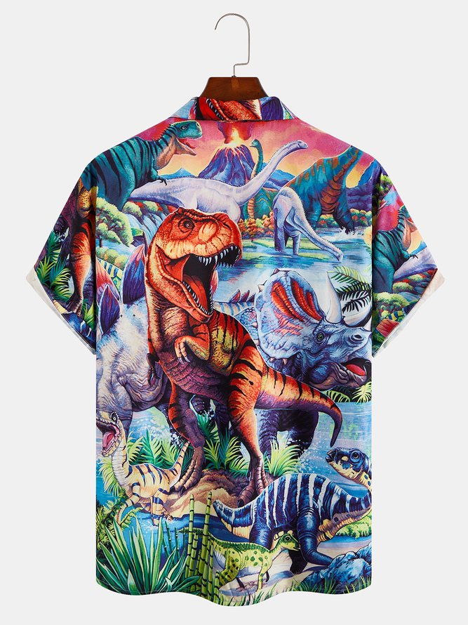 Mens Funky Dinosaurs Print Casual Breathable Short Sleeve Aloha Shirt