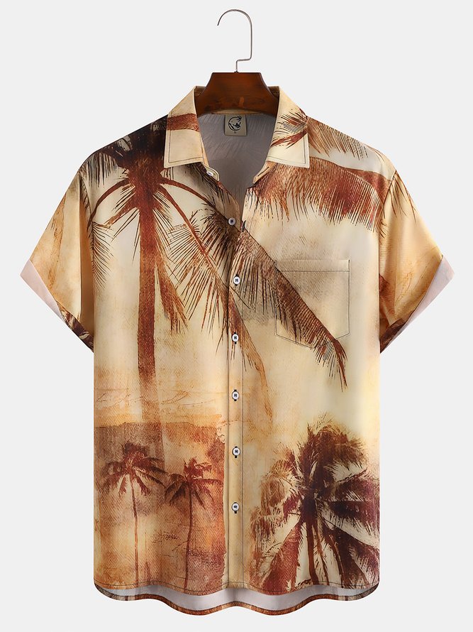 Men's Coconut Print Short Sleeve Hawaiian Shirt with Breast Pocket