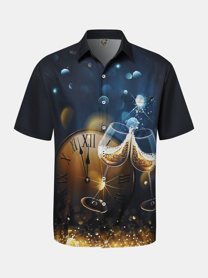 New Year Wine Glass Chest Pocket Short Sleeve Casual Shirt