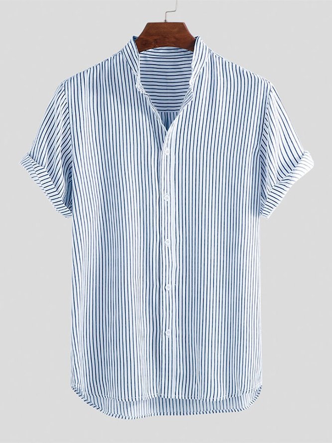 Men's Classic Striped Breathable Stand Collar Short Sleeve Casual Loose ...