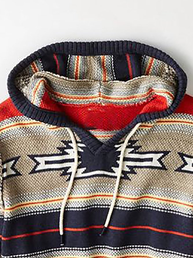 Men's Red Knitted Hoodie Casual Tribal Sweater