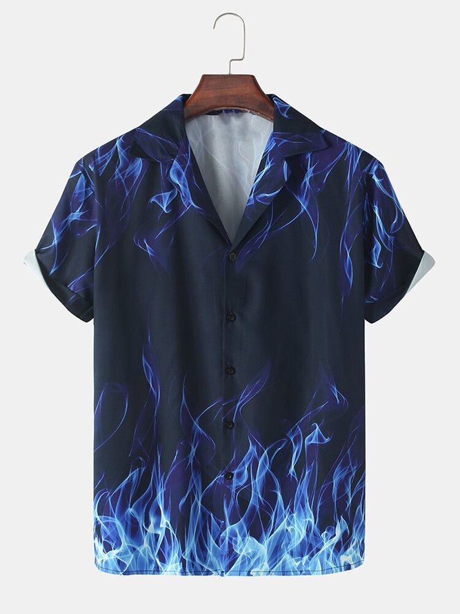 Mens All Over Blue Flame Print Revere Collar Street Short Sleeve Shirt ...