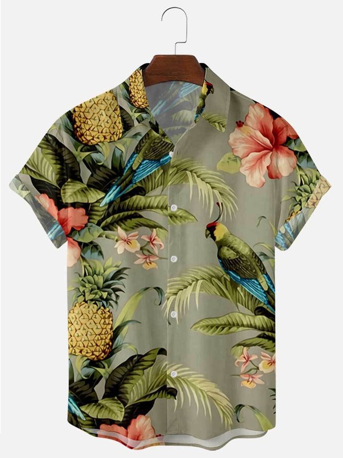 Mens Parrots Tropical Print Lapel Casual Loose Short Sleeve Hawaiian Shirt