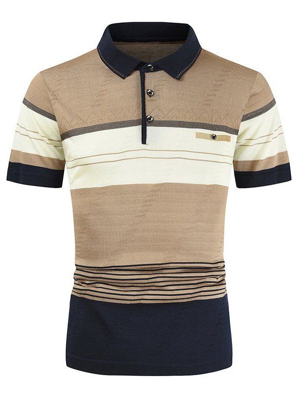 Mens Business Casual Striped Printed Tops Turndown Collar Short Sleeve Cotton Golf Polo Shirt