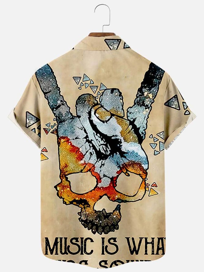 Mens Punk Rock Roll Print Casual Lapel Short Sleeve Hawaiian Shirts