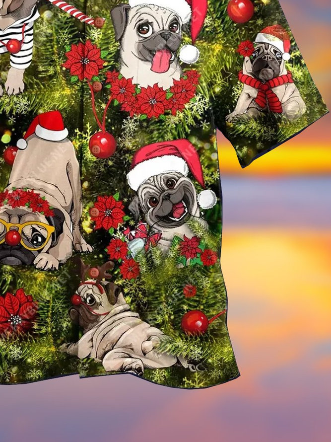 Mens Pug Dog Christmas Print Loose Short Sleeve Shirt
