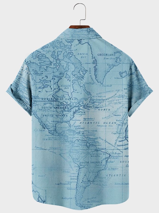 Mens Navigation Map Printed Casual Short Sleeve Shirt