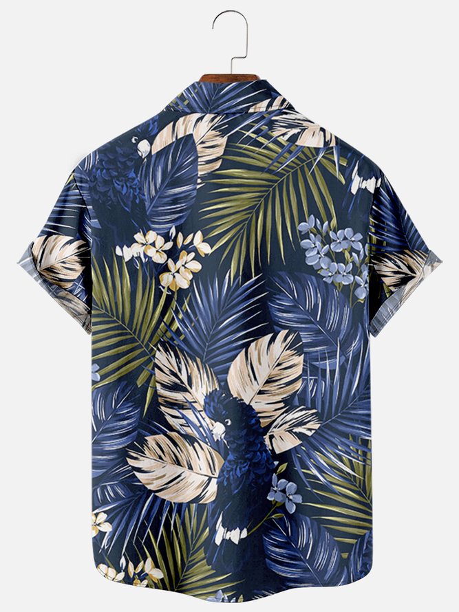 Mens Tropical Leaves Print Casual Breathable Chest Pocket Short Sleeve Hawaiian Shirts