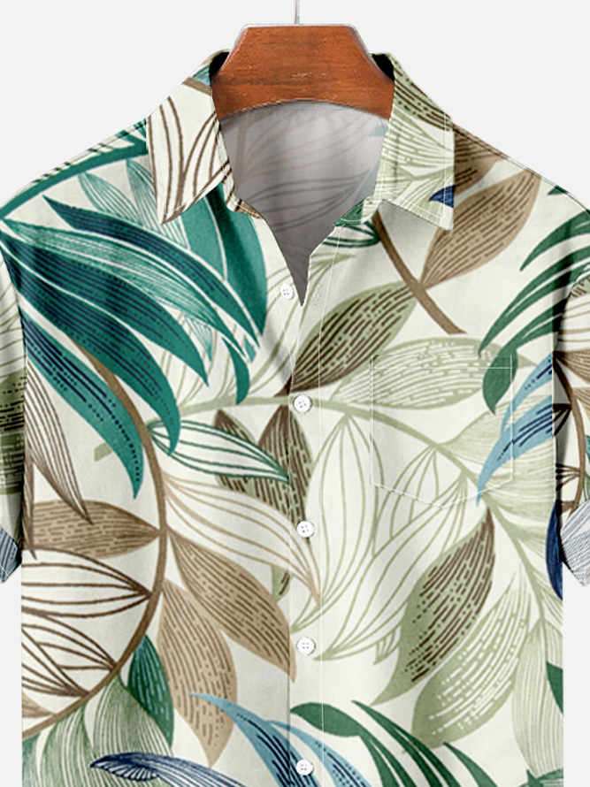 Mens Leaves Print Casual Breathable Chest Pocket Short Sleeve Hawaiian Shirts