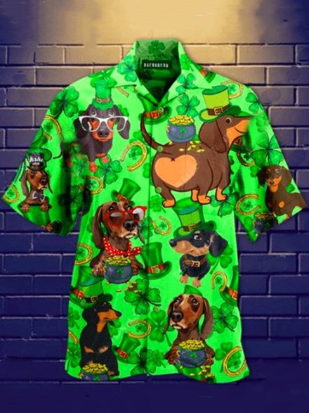 Mens St Patrick's Day Dogs & Clovers Print Casual Breathable Short Sleeve Hawaiian Shirts