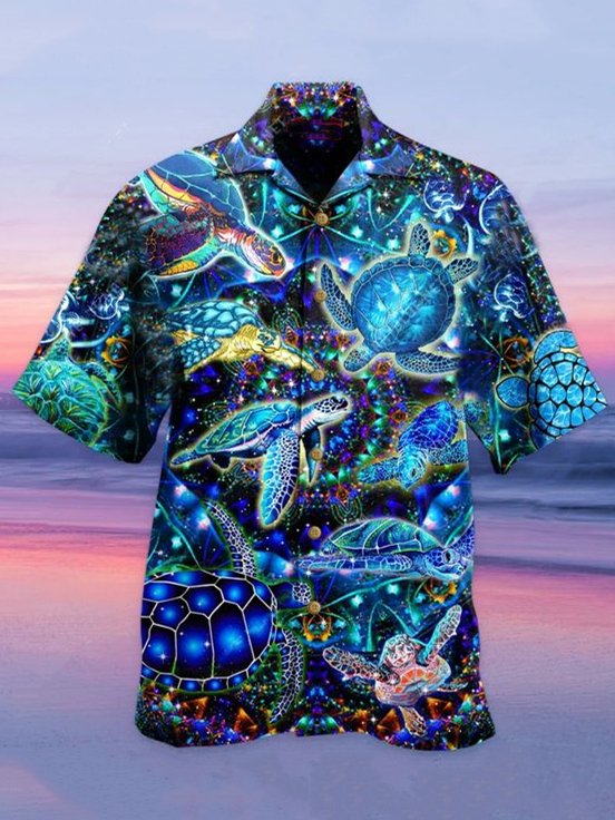 Mens Sea Turtles Print Casual Breathable Short Sleeve Hawaiian Shirts