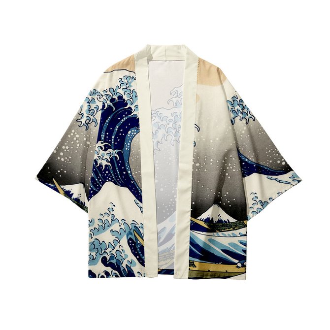 Mens Ukiyoe Wave Print Casual Loose Japanese Style Open Front Kimono ...