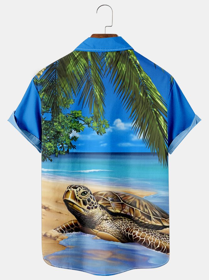 Mens Turtle Print Casual Breathable Hawaiian Short Sleeve Shirt